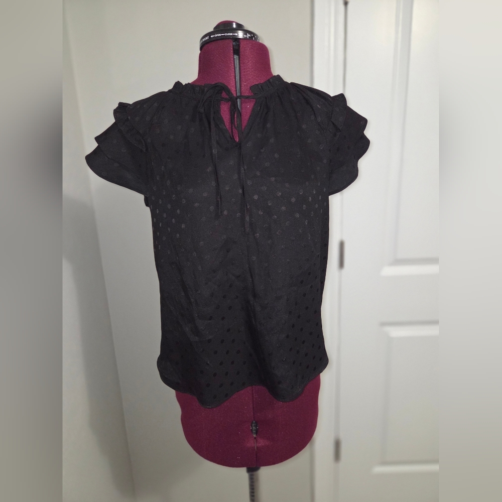 Black Cap Sleeve Blouse with Ruffled Tie Front